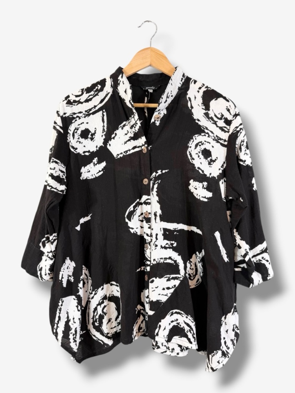Yasuko Lagenlook Tunic Black White Button Up Size S/M Pockets Oversized Casual